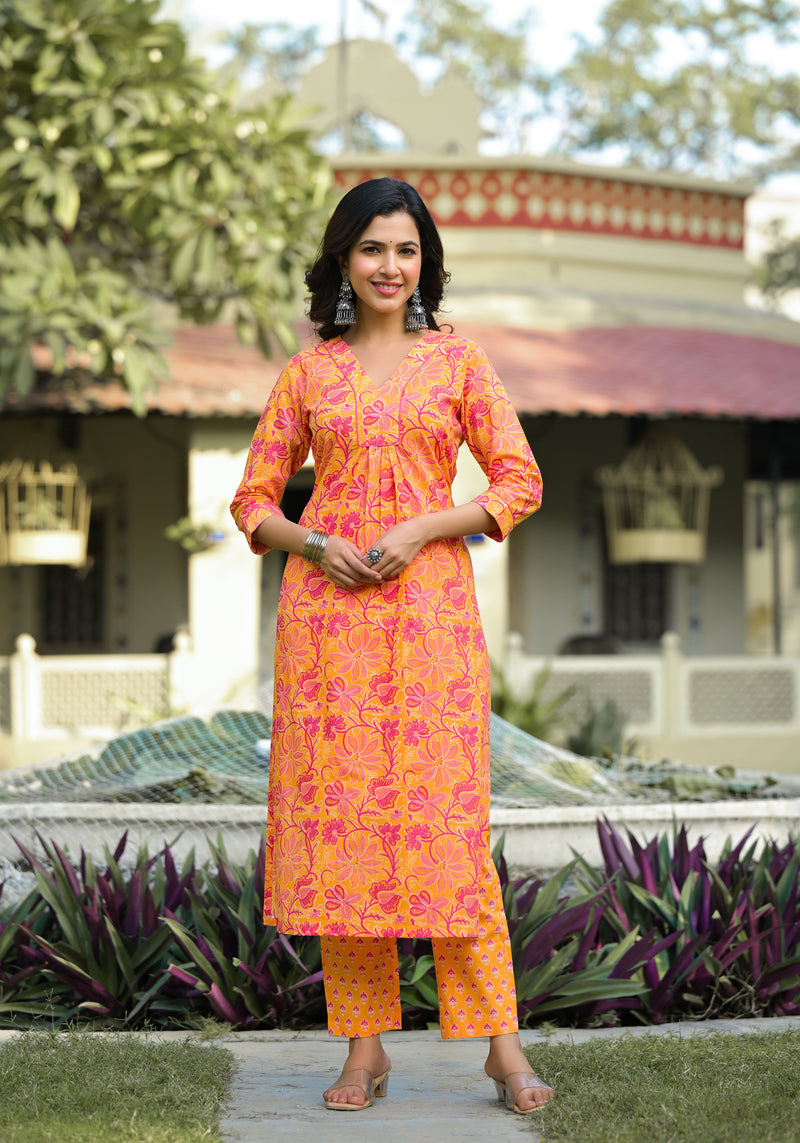 Oishi orange floral cotton Kurta Pant Set