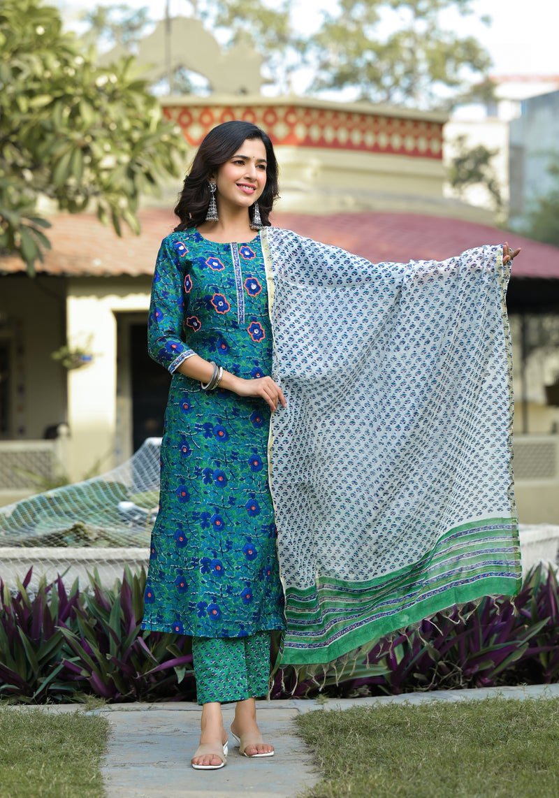 Gulnaaz Green Embroidered Handblock Chanderi Suit Set