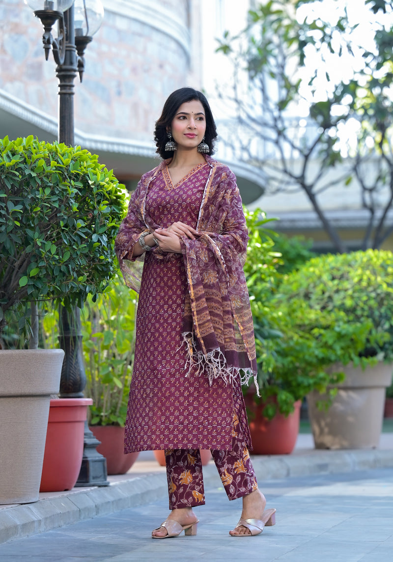 Malika Magenta Cotton Straight Suit Set