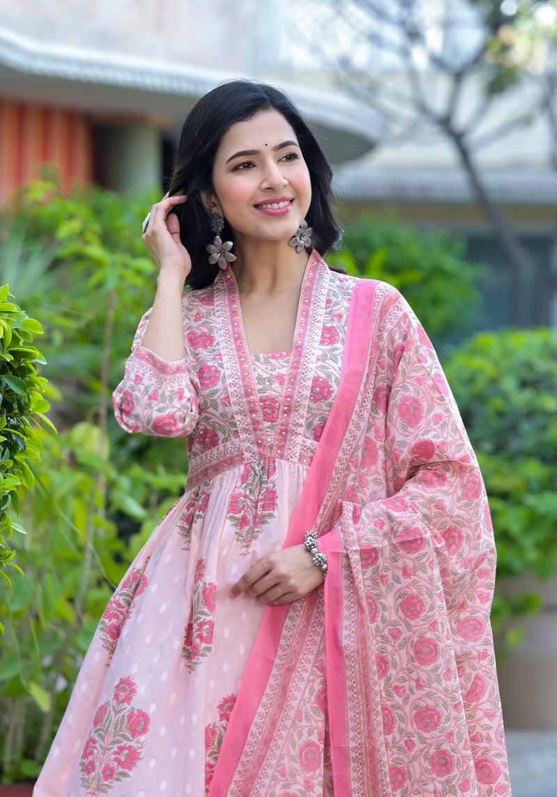 Brinda Pink Alia Cut Floral Cotton Suit Set
