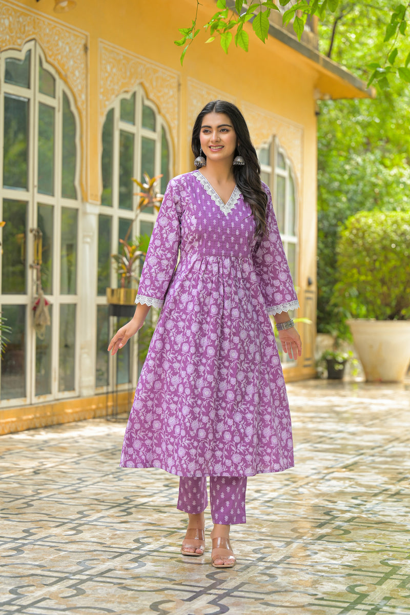 Gulrukh Purple Blossom Cotton Anarkali Kurta