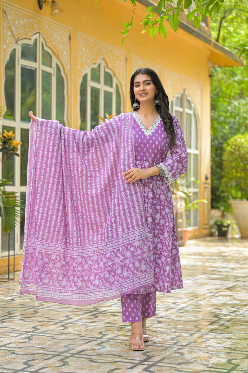 Gulrukh Purple Blossom Cotton Suit Set