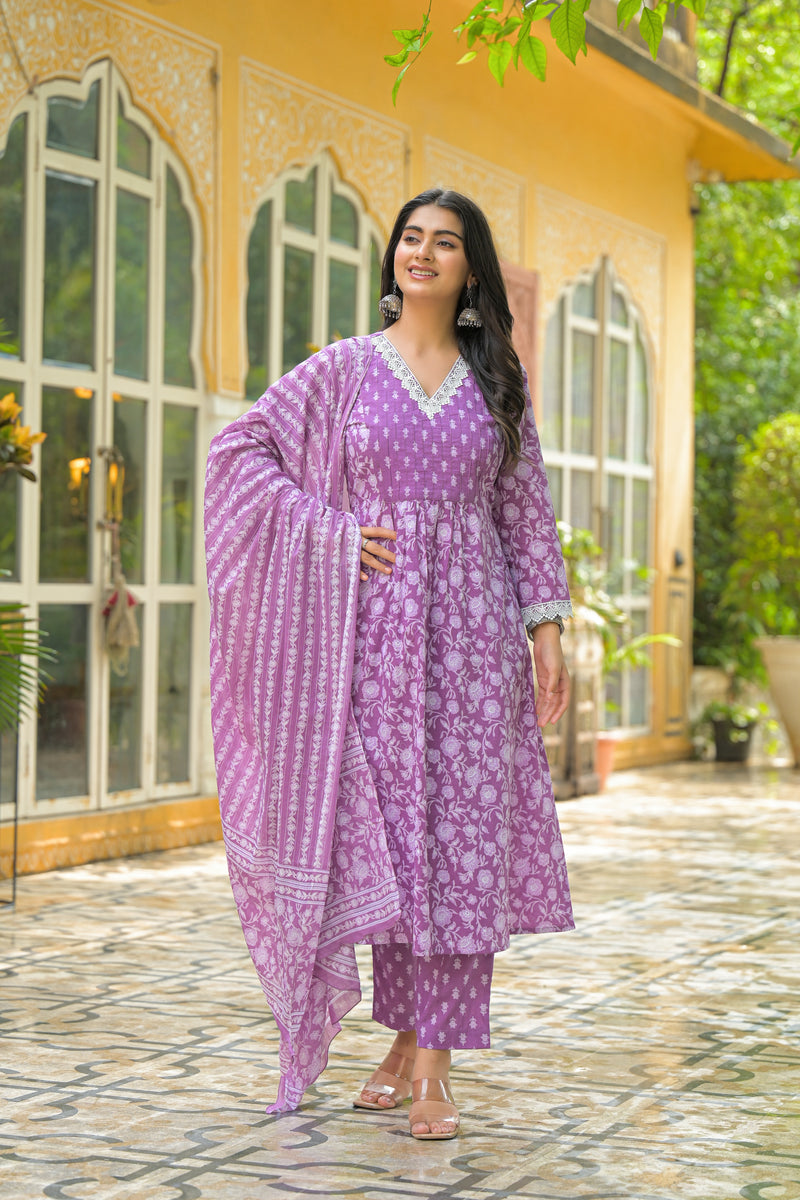 Gulrukh Purple Blossom Cotton Suit Set