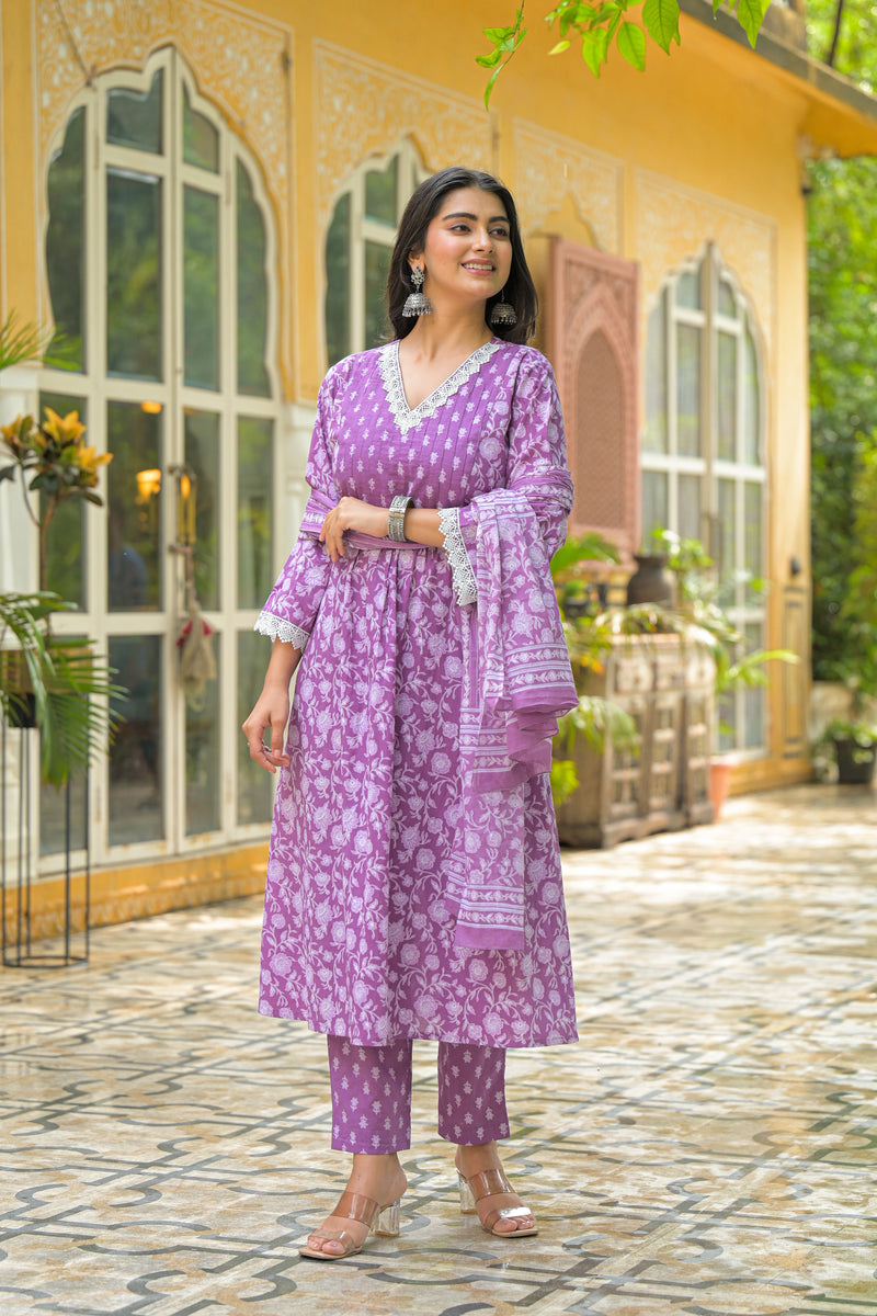 Gulrukh Purple Blossom Cotton Suit Set