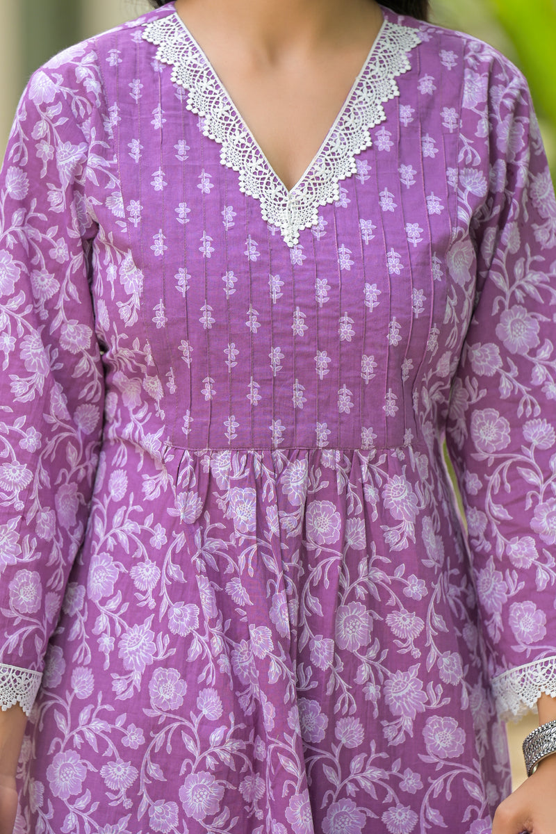 Gulrukh Purple Blossom Cotton Anarkali Kurta