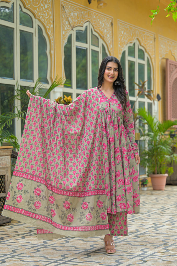 Gulnaar Rosewood Cotton Anarkali Suit Set