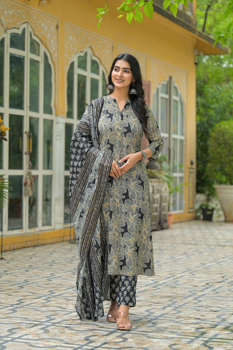 Zohra Black Bloom Cotton Suit Set