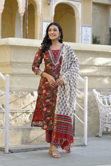 Sangria Red Handblock Printed Chanderi Suit Set With Chanderi Dupatta