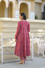 Gulaab Red Hand Block Printed And Embroidered Cotton Anarkali Suit Set With Kota Doria Dupatta(Plus Size)