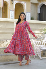 Gulaab Red Hand Block Printed And Embroidered Cotton Anarkali Suit Set With Kota Doria Dupatta