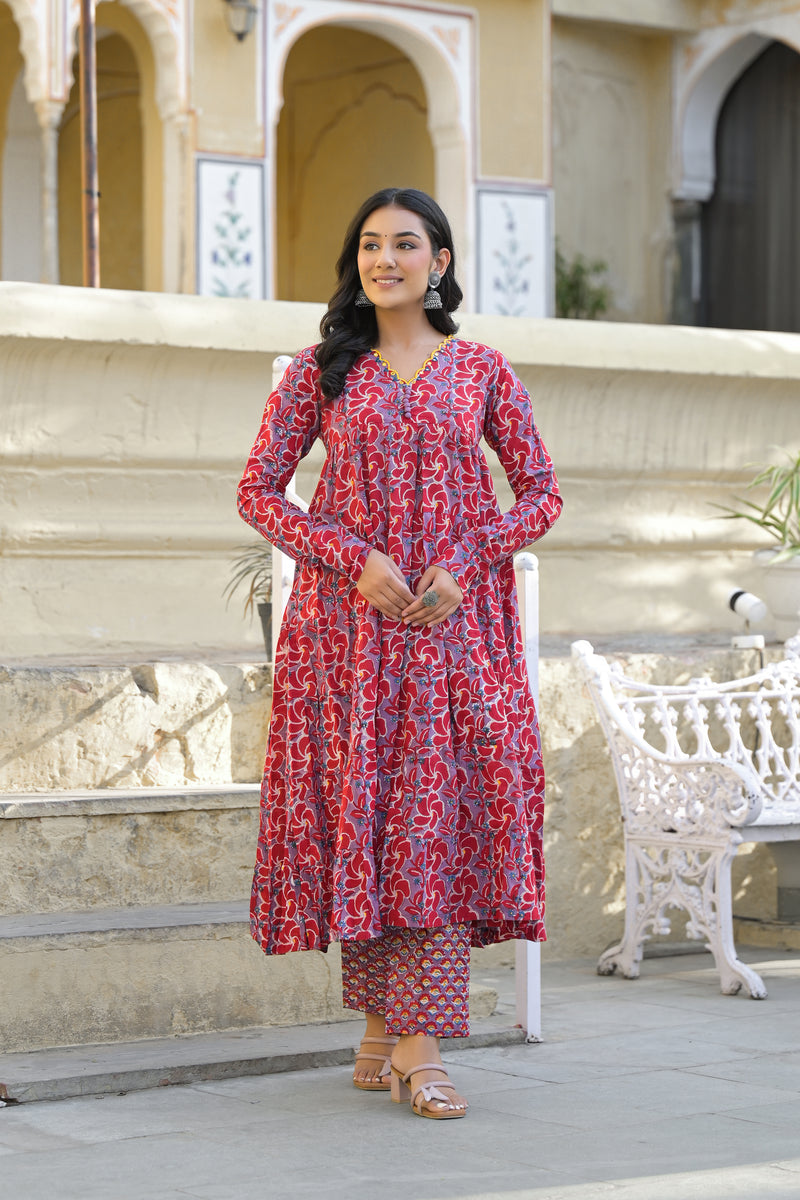 Gulaab Red Hand Block Printed And Embroidered Cotton Anarkali Suit Set With Kota Doria Dupatta