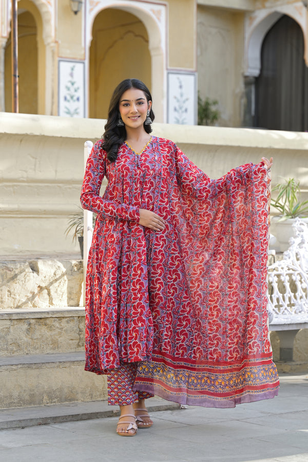 Gulaab Red Hand Block Printed And Embroidered Cotton Anarkali Suit Set With Kota Doria Dupatta(Plus Size)