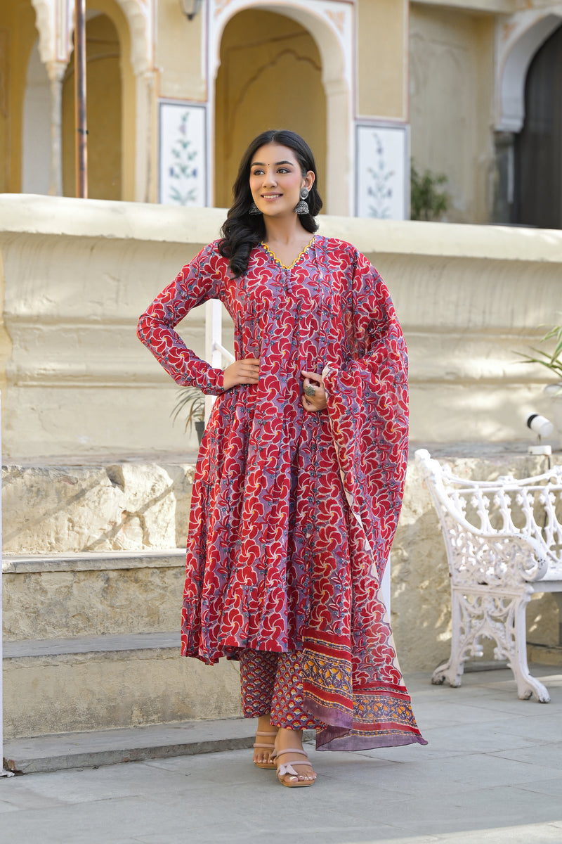 Gulaab Red Hand Block Printed And Embroidered Cotton Anarkali Suit Set With Kota Doria Dupatta