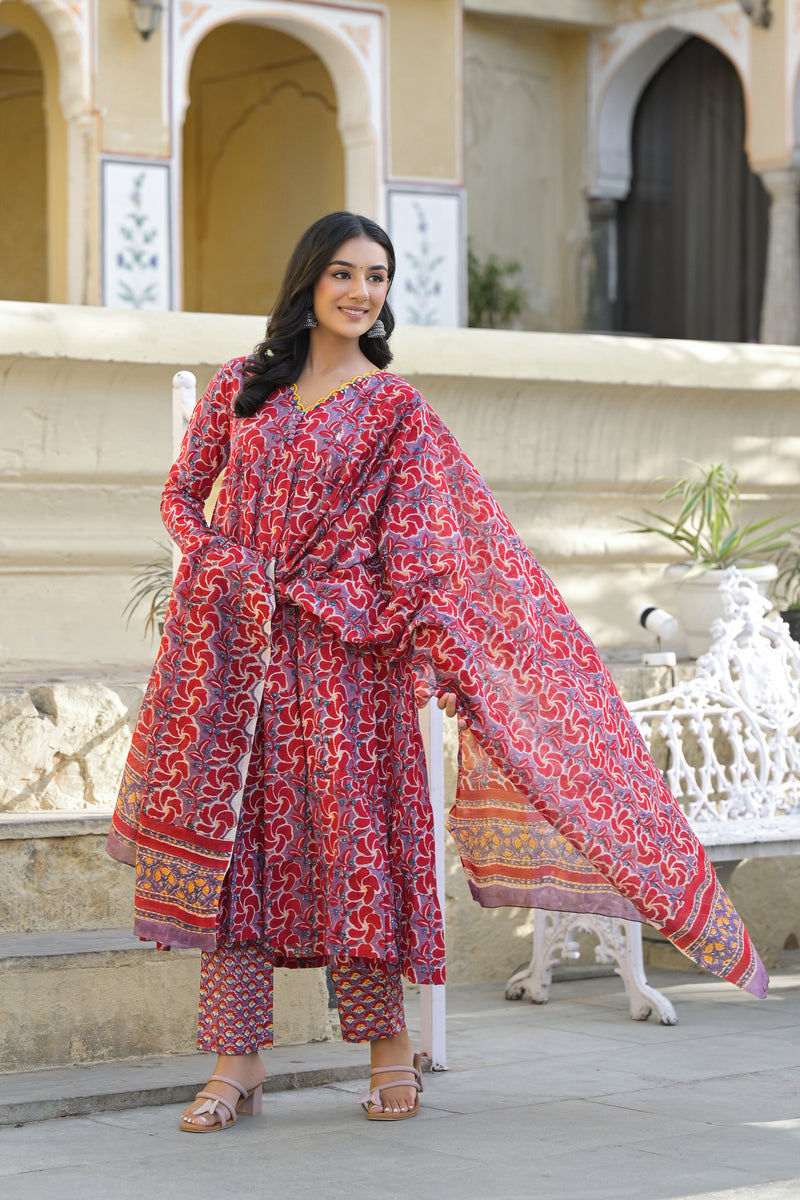 Gulaab Red Hand Block Printed And Embroidered Cotton Anarkali Suit Set With Kota Doria Dupatta