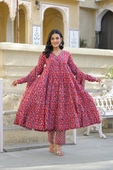 Gulaab Red Hand Block Printed And Embroidered Cotton Anarkali Suit Set With Kota Doria Dupatta