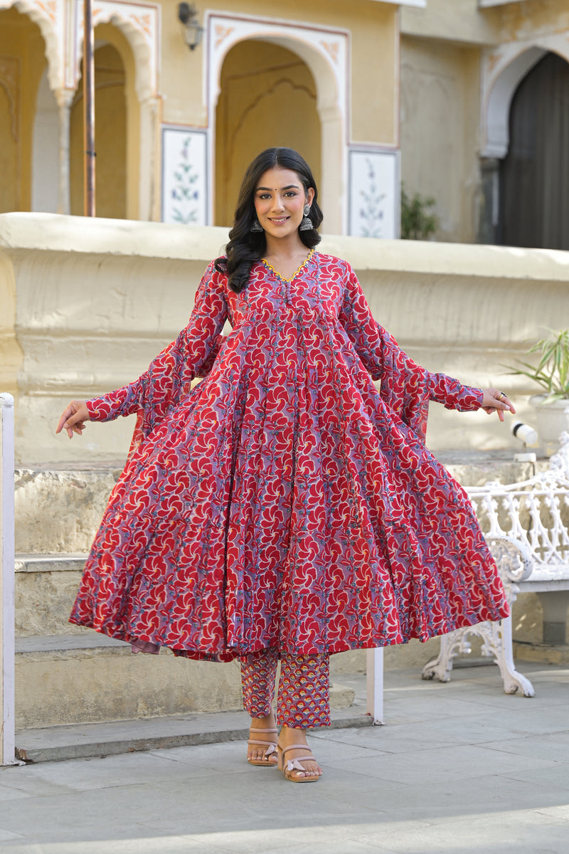 Gulaab Red Hand Block Printed And Embroidered Cotton Anarkali Suit Set With Kota Doria Dupatta