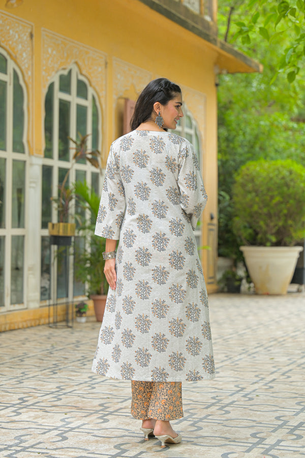 Zehra Ivory Floral Mughal Print Kurta Pant Set