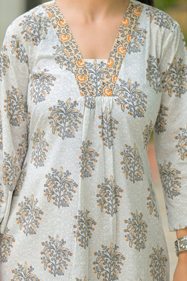 Zehra Ivory Floral Mughal Print Cotton Suit Set