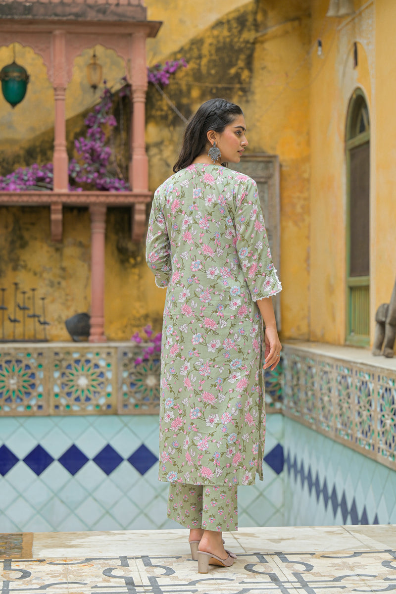 Sage Petals Soft Cotton Kurta Pant Set
