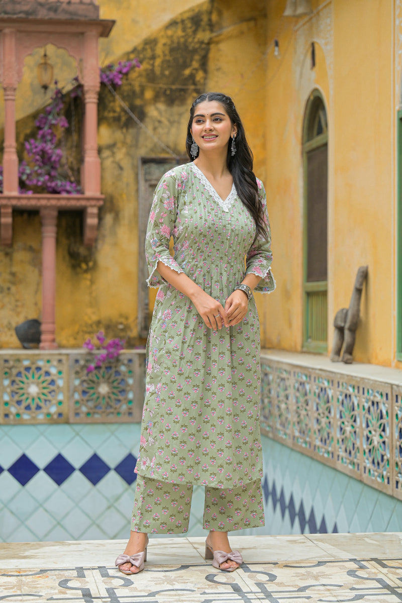 Sage Petals Soft Cotton Kurta Pant Set