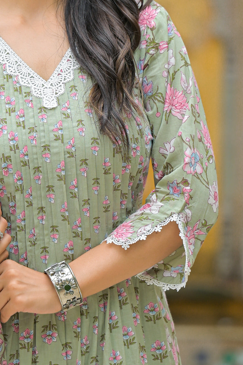 Sage Petals Soft Cotton Kurta Pant Set