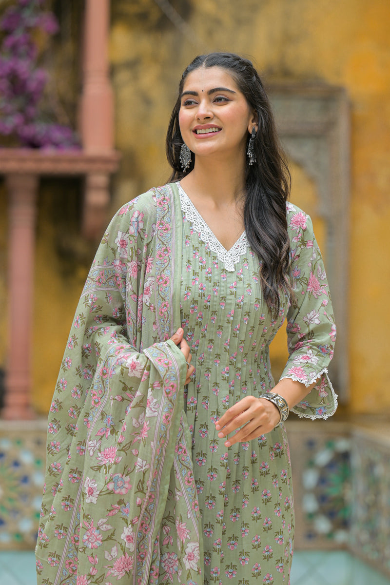 Sage Petals Soft Cotton Suit Set