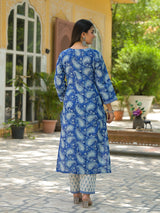 Desi phool blue hand block printed cotton suit set with kota doria dupatta with embroidery detailing on the neckline