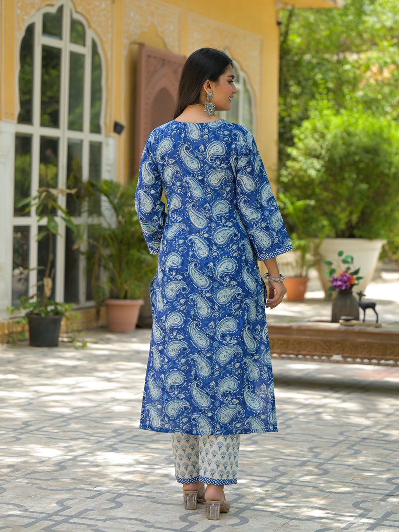 Desi phool blue hand block printed cotton suit set with kota doria dupatta with embroidery detailing on the neckline