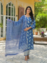 Desi phool blue handblock printed unstitched cotton suit set with kota doria dupatta