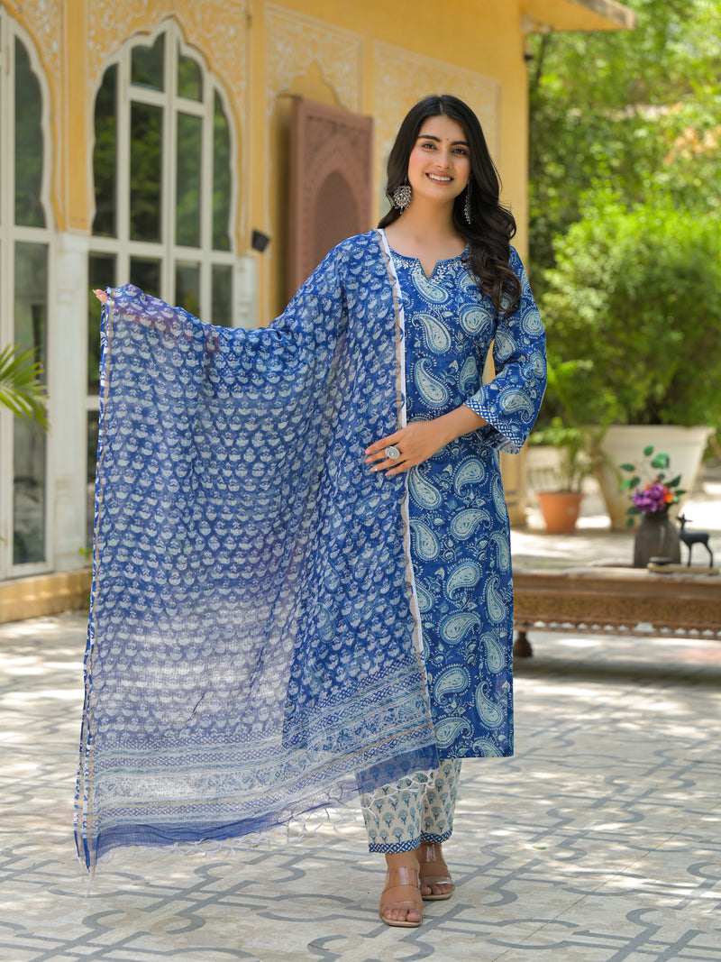 Desi phool blue handblock printed unstitched cotton suit set with kota doria dupatta