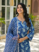 Desi phool blue hand block printed cotton suit set with kota doria dupatta with embroidery detailing on the neckline