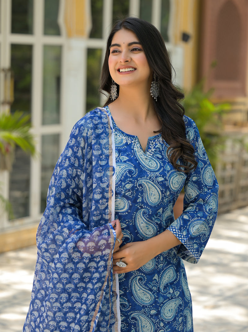 Desi phool blue hand block printed cotton suit set with kota doria dupatta with embroidery detailing on the neckline