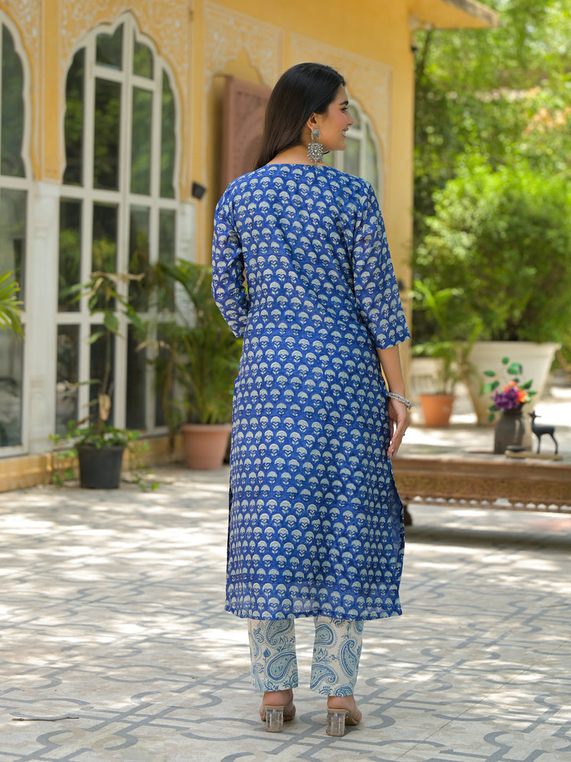 Mehak blue handblock printed chanderi suit set with chanderi dupatta with sequins work on the yoke