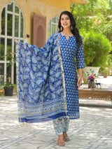 Mehak blue handblock printed chanderi suit set with chanderi dupatta with sequins work on the yoke