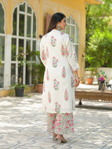Mogra white handblock printed cotton suit set with kota doria dupatta