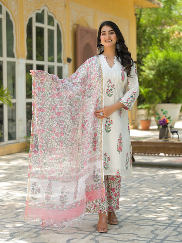 Lush white unstitched cotton handblock printed suit set fabric with kota doria dupatta