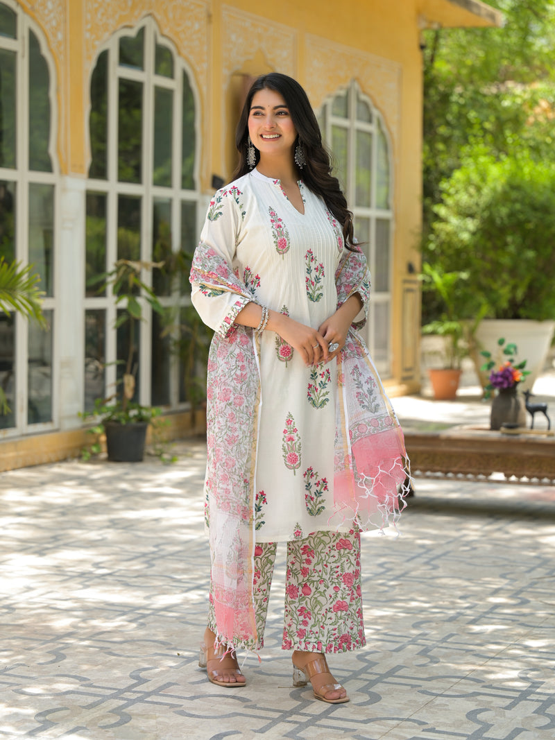 Mogra white handblock printed cotton suit set with kota doria dupatta