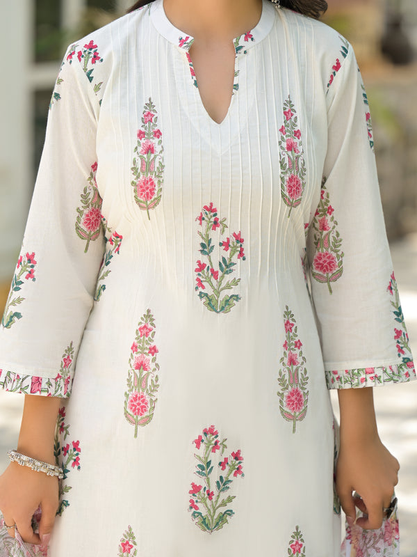 Mogra white handblock printed cotton suit set with kota doria dupatta