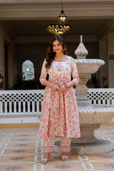 Noor-e-Gul Palace Pink Printed Suit Set With Mul Cotton Dupatta