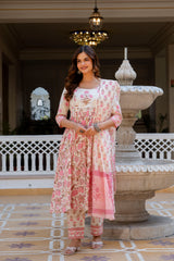 Noor-e-Gul Palace Pink Printed Suit Set With Mul Cotton Dupatta