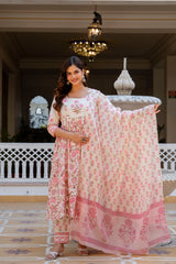 Noor-e-Gul Palace Pink Printed Suit Set With Mul Cotton Dupatta