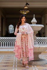Noor-e-Gul Palace Pink Printed Suit Set With Mul Cotton Dupatta