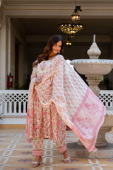 Noor-e-Gul Palace Pink Printed Suit Set With Mul Cotton Dupatta