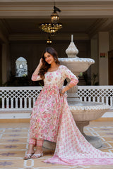 Noor-e-Gul Palace Pink Printed Suit Set With Mul Cotton Dupatta