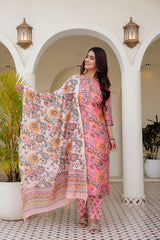 Blush Pink Floral Chanderi Suit Set With Chanderi Dupatta