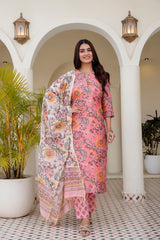 Blush Pink Floral Chanderi Suit Set With Chanderi Dupatta