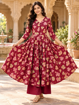 Gulraahi Maroon Floral Printed Anarkali Suit Set with Cotton Dupatta