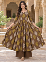 Vanika Mocha Brown Leaf  Printed Anarkali Suit Set with Cotton Dupatta