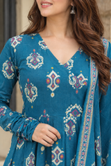 Neelika Teal Printed Angrakha Cotton Kurta Pant Only