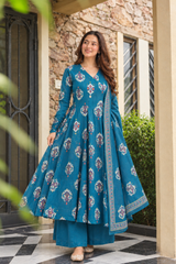 Neelika Teal Printed Angrakha Cotton Kurta Pant Only